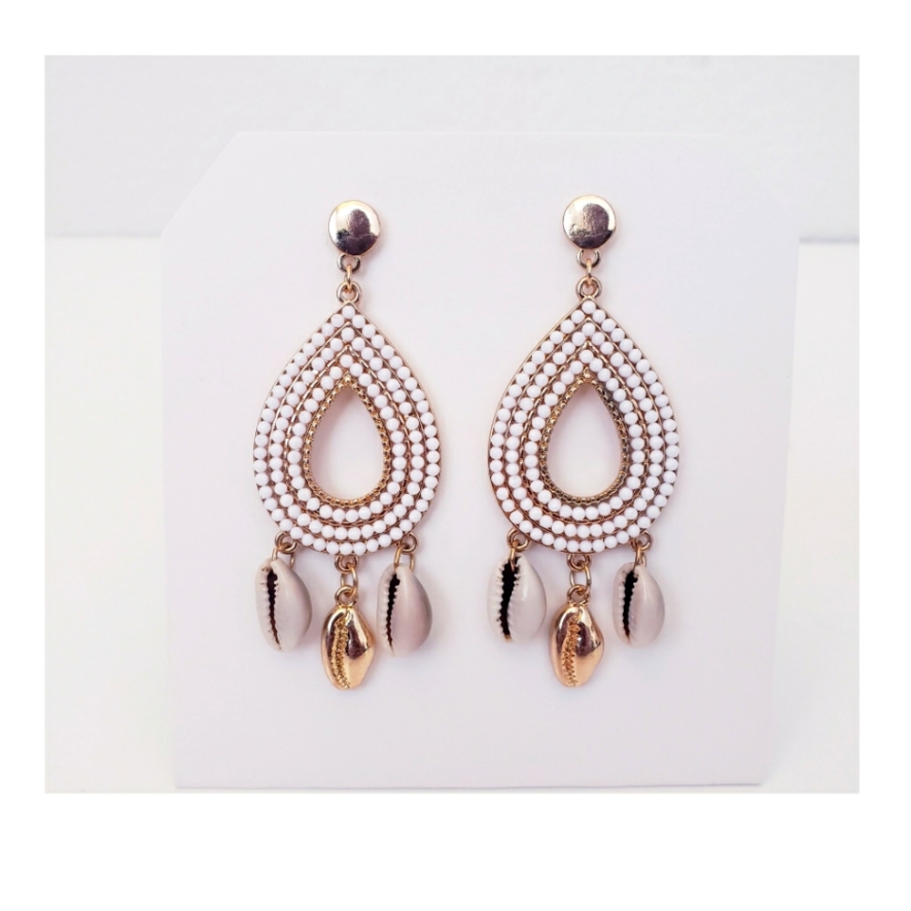 Gold 3" Teardrop Seashell Drop Earrings